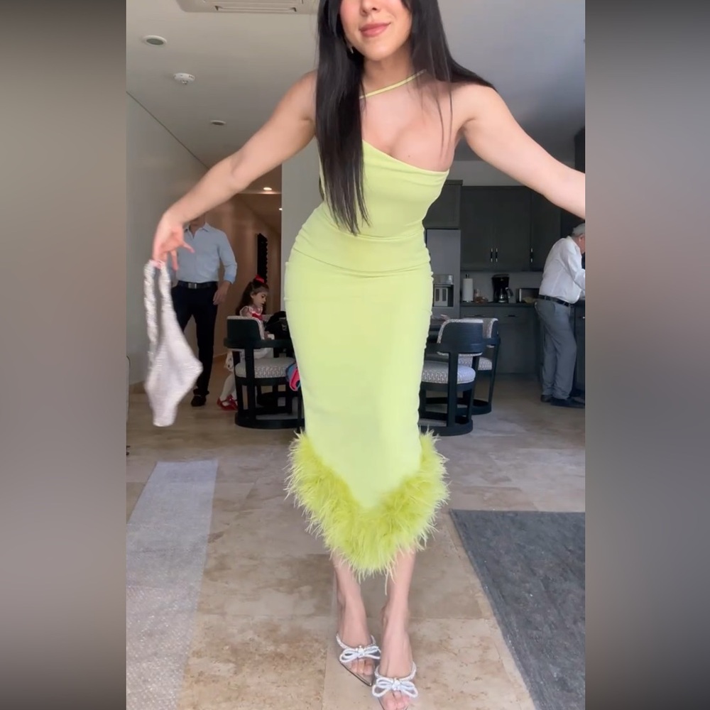 House of CB Alessia Asymmetric Feather Trim Midi Dress